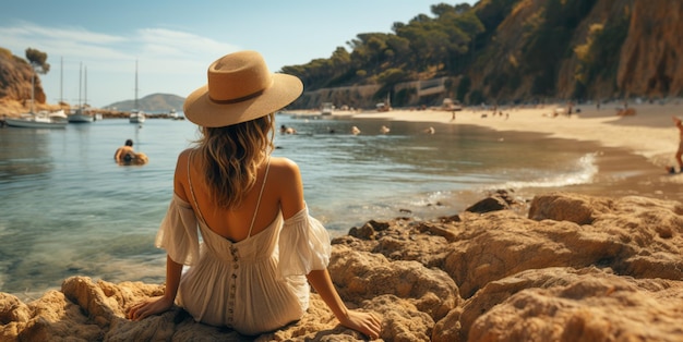 girl in a hat looks at the sea view from the back Generative AI