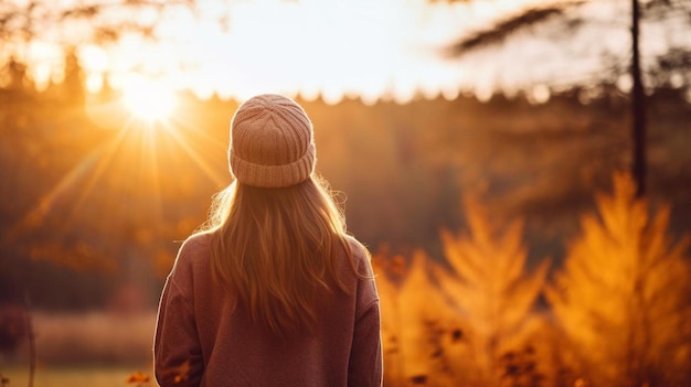 a girl in a hat looks at the sunset