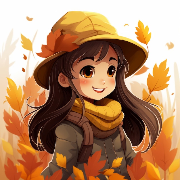 A girl in a hat and scarf is surrounded by autumn leaves