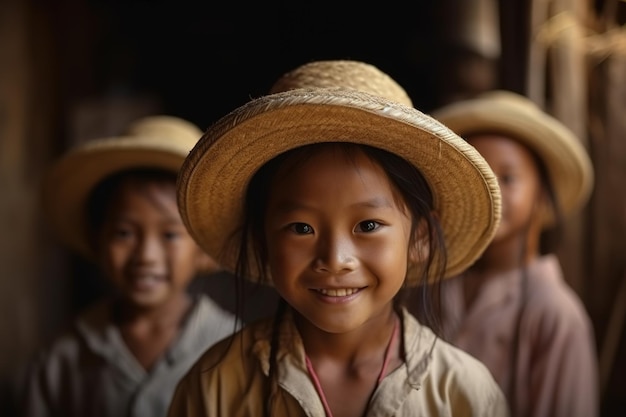 A girl in a hat smiles at the camera.