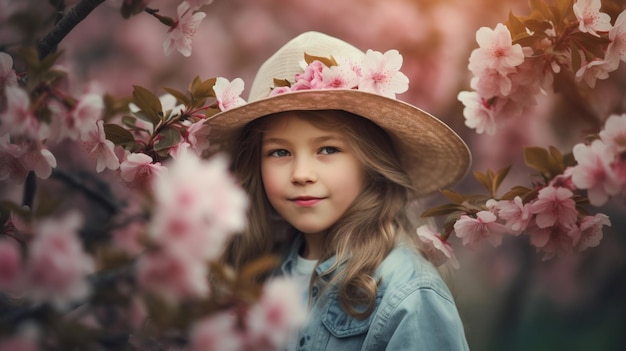 A girl in a hat stands among flowers