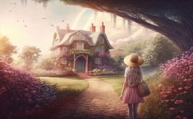 A girl in a hat stands in front of a house with a rainbow on the roof.