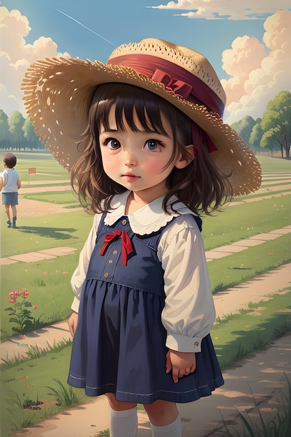 A girl in a hat stands in a park