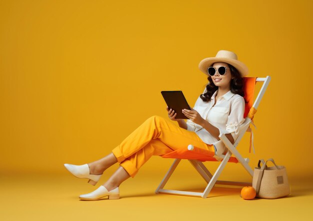 A girl in a hat on a summer climber on an orange background with a tablet in her hands