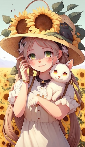 A girl in a hat and a sunflower hat holds a cat.