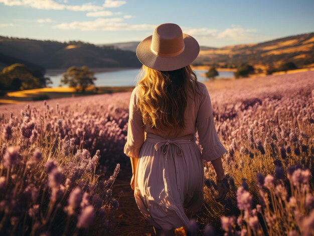 a girl in a hat walks through a lavender field Generative AI