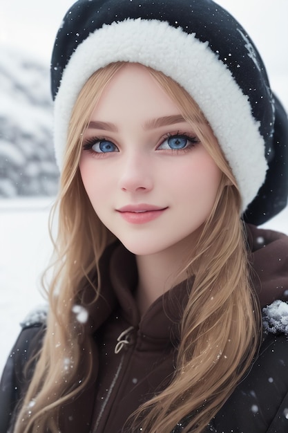 A girl in a hat with blue eyes stands in the snow