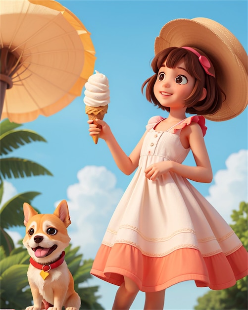 a girl in a hat with a dog and an umbrella