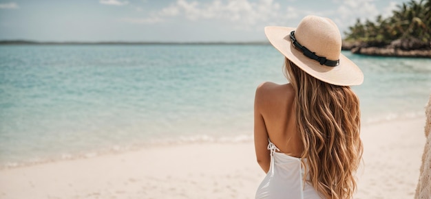 девушка в шляпе с спиной к камере на морском берегу