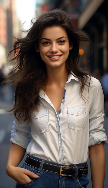 a girl in a hat with a long brown hair.