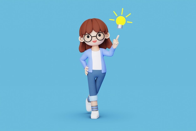 Photo girl have idea with bulb 3d render