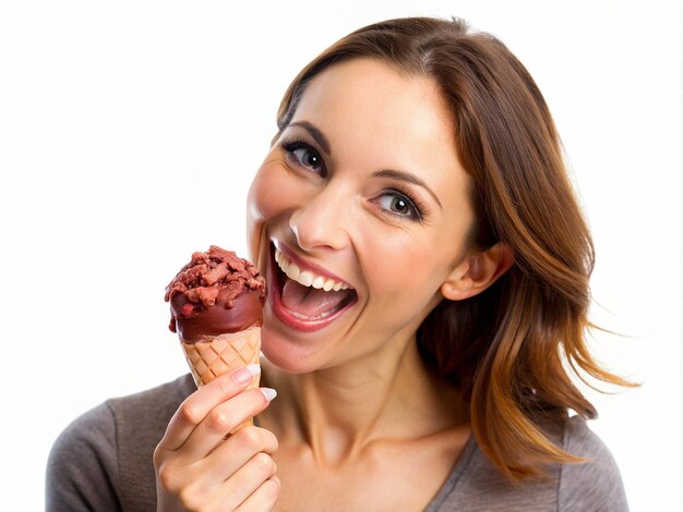 Foto una ragazza con il fondo bianco del gelato chocolate almond joy
