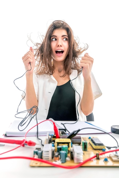 Girl having Electric Shock, electricity problems, Girl holds bare wires
