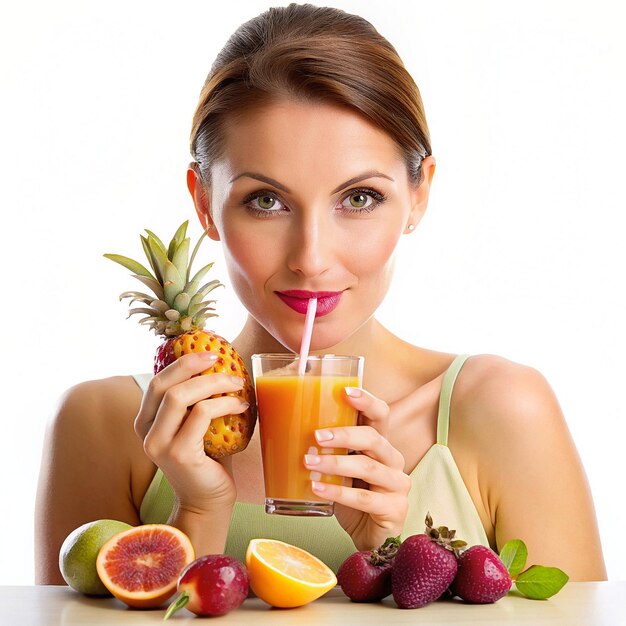 Foto una ragazza che beve un succo di fichi, lamponi, pesche e ananas