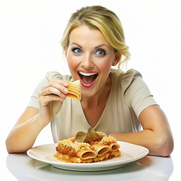 Foto una ragazza con le lasagne che arrotolano la pasta