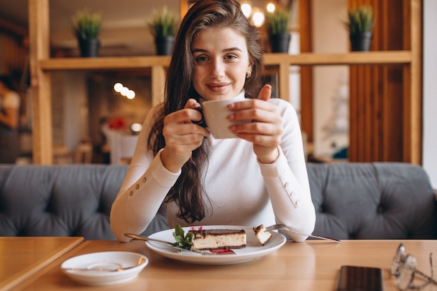 女の子、昼食、カフェ