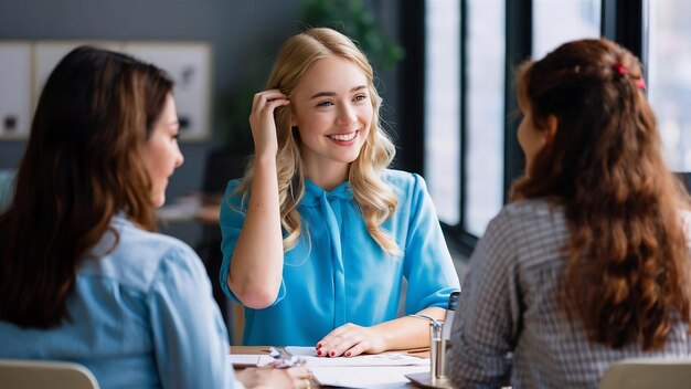 Photo girl having ordinary chit chat with friends