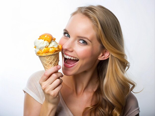 A Girl having Peach Cobbler Crush icecream white background