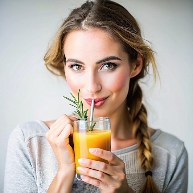 Foto una ragazza che beve un succo rinfrescante di pesche e rosmarino