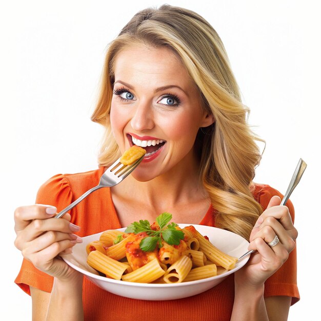 Foto una ragazza che mangia rigatoni con pasta piccante con salsa arrabbiata