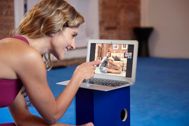 Photo girl having a video call with her tablet