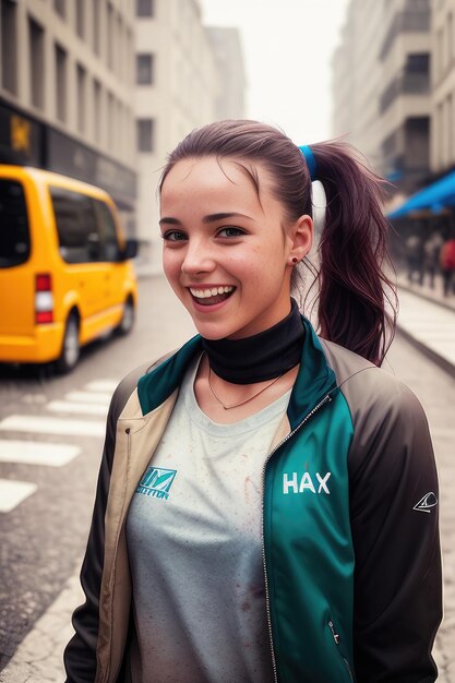 A girl in a hax jacket stands in the street