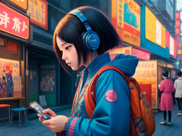 Girl in the headphones listening to the music in the cyberpunk style illustration