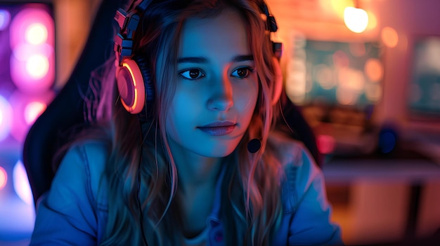 Girl in headphones playing games with neon light background