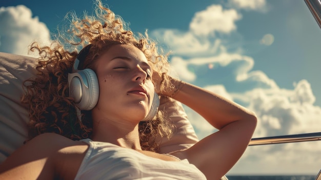 Photo girl in headphones on a yacht