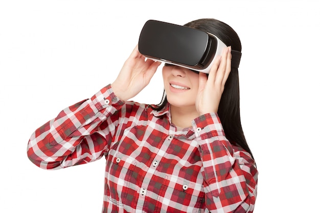 Photo girl in headset of vr watching video.