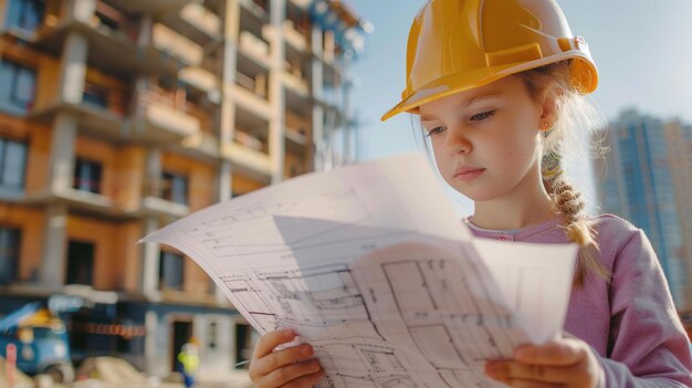 Girl in helmet smiles having fun looking at blueprint aig