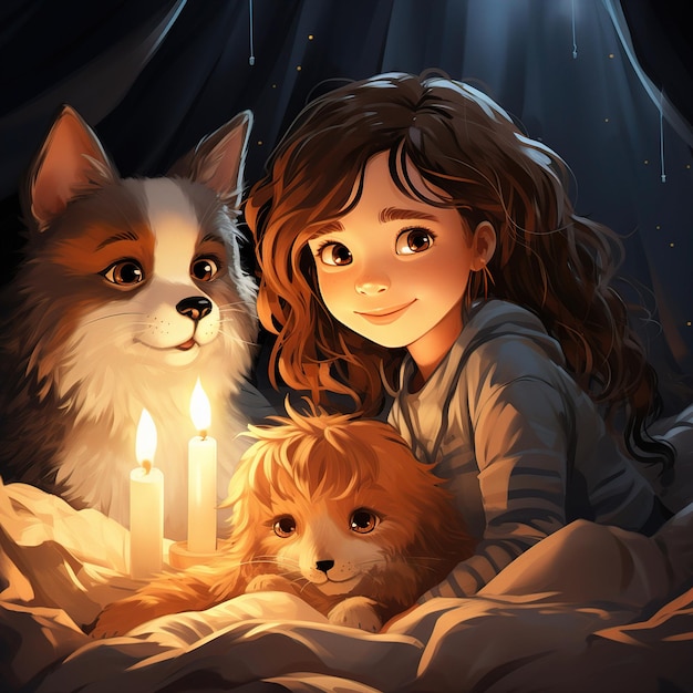 a girl and her dog are in bed with a lit candle.