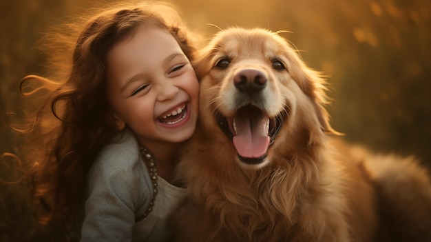 女の子と犬がカメラに向かって微笑んでいる