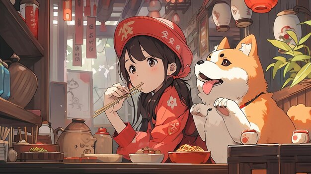 a girl and her dog eating noodles in a restaurant.