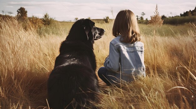 Foto una ragazza e il suo cane si siedono in un campo