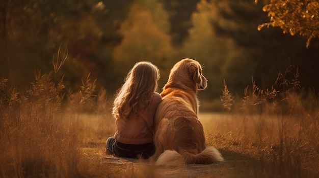 A girl and her dog sit in a field