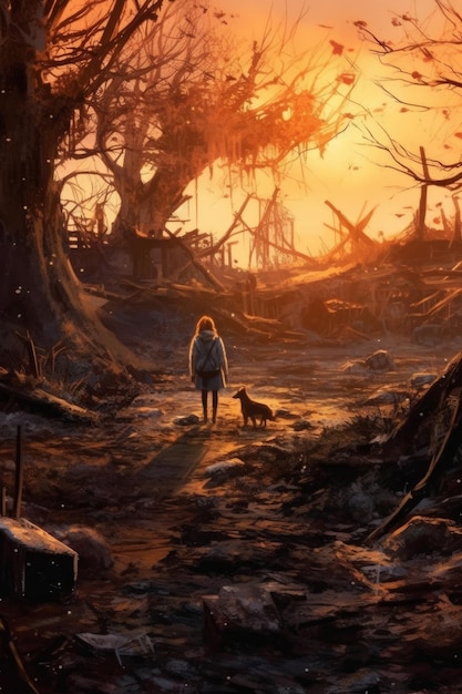 A girl and her dog stand in a forest.