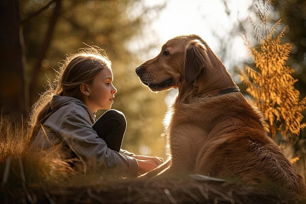 森の中で少女と彼女の犬