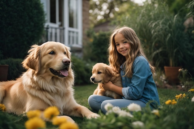 a girl and her golden retriever dog are sitting in the grass with yellow flowers