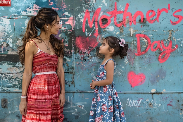 Photo a girl and her mother are standing in front of a wall with a heart that says mother day