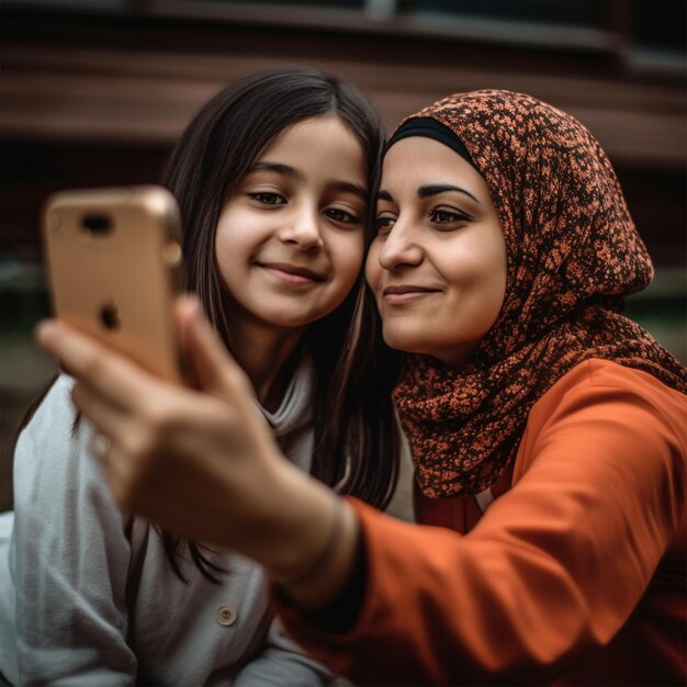 한 소녀 와 그 의 어머니 가 스마트폰 으로 자기 초상화 를 찍고 있다