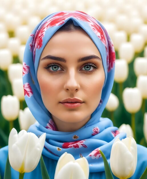 Photo girl in hijab with tulips