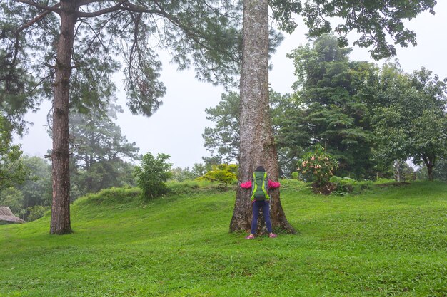 Девушка в походе с большим рюкзаком в лесу Doi Mae Ta man, Chiang Mai, Thailand