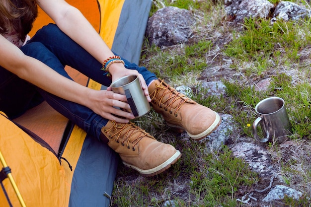 Girl hiker at the mountains