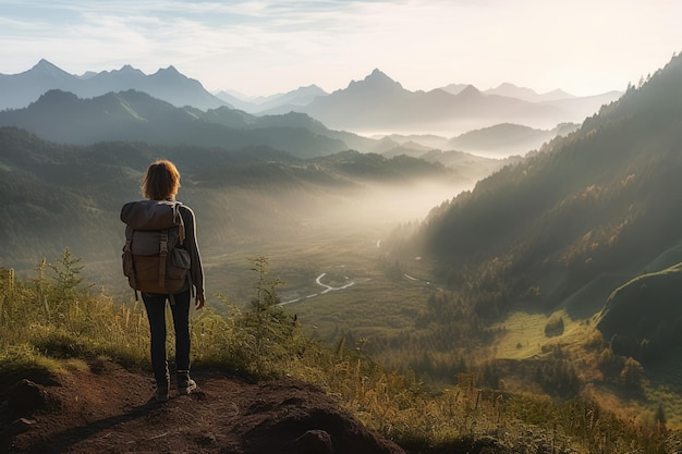 Girl Hiking in the Morning Mountains