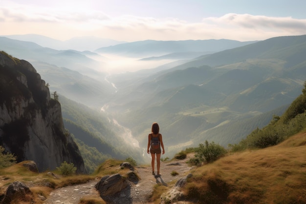 Girl Hiking in the Morning Mountains