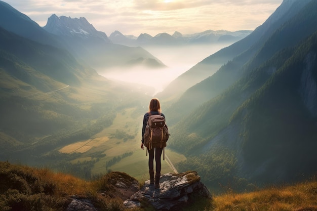 Girl Hiking in the Morning Mountains