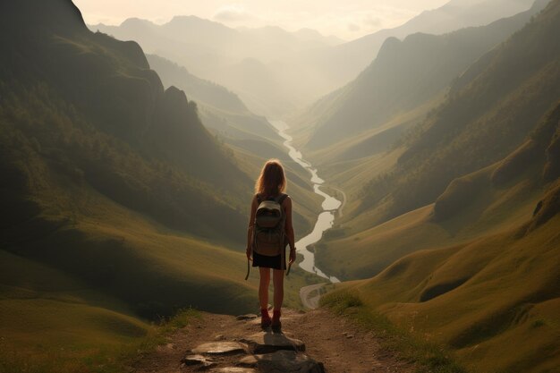 Girl Hiking in the Morning Mountains