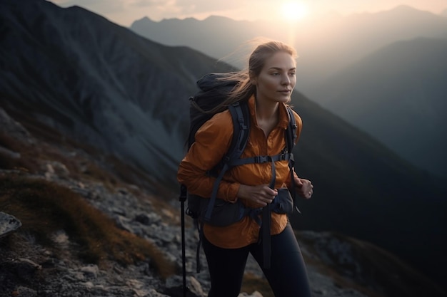 A girl hiking on mountain Photo realism created with AI tools