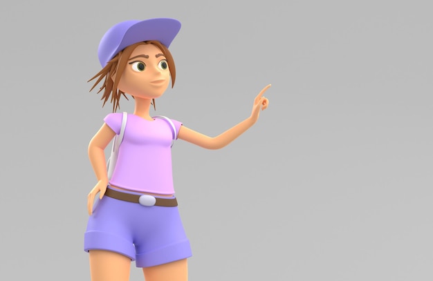 Girl hipster with index finger touching or pointing something 3d render Young woman in shorts baseball cap and backpack showing direction Cartoon illustration of cute female character teenager